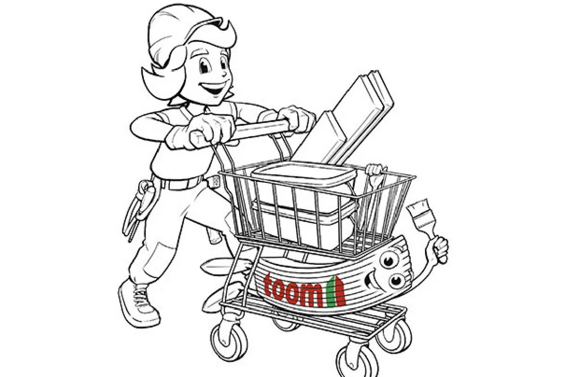 Tom und Zolli Malvorlage: Person schiebt Einkaufswagen mit Farbeimer und Pinsel